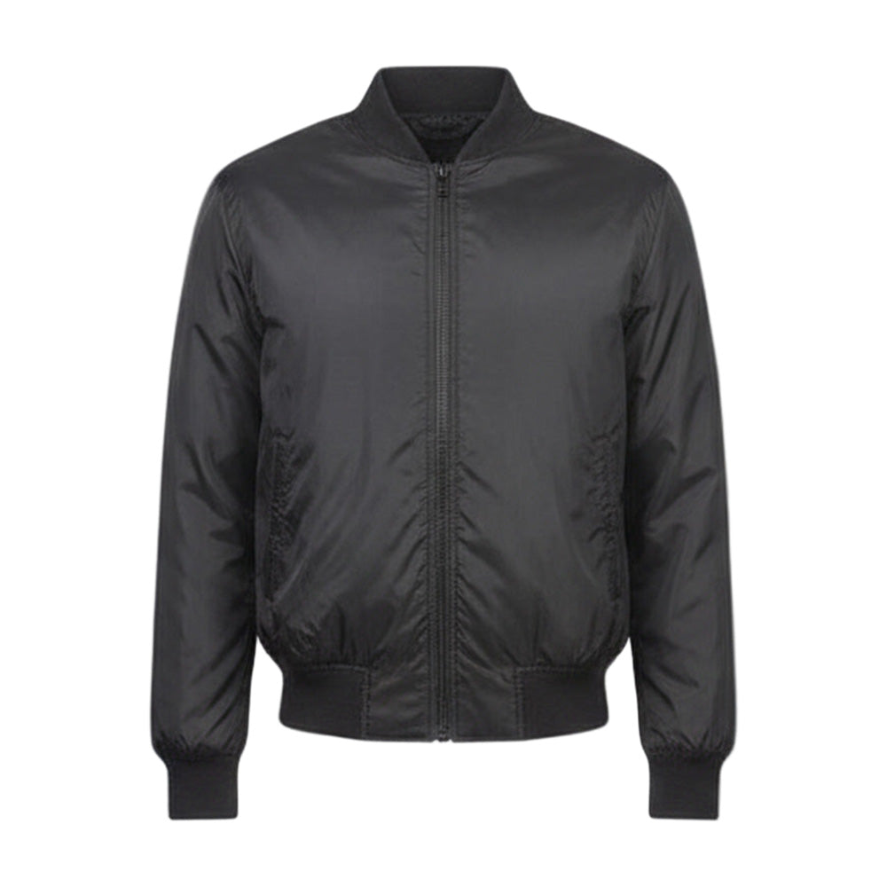 Black bomber jacket on a light gray background