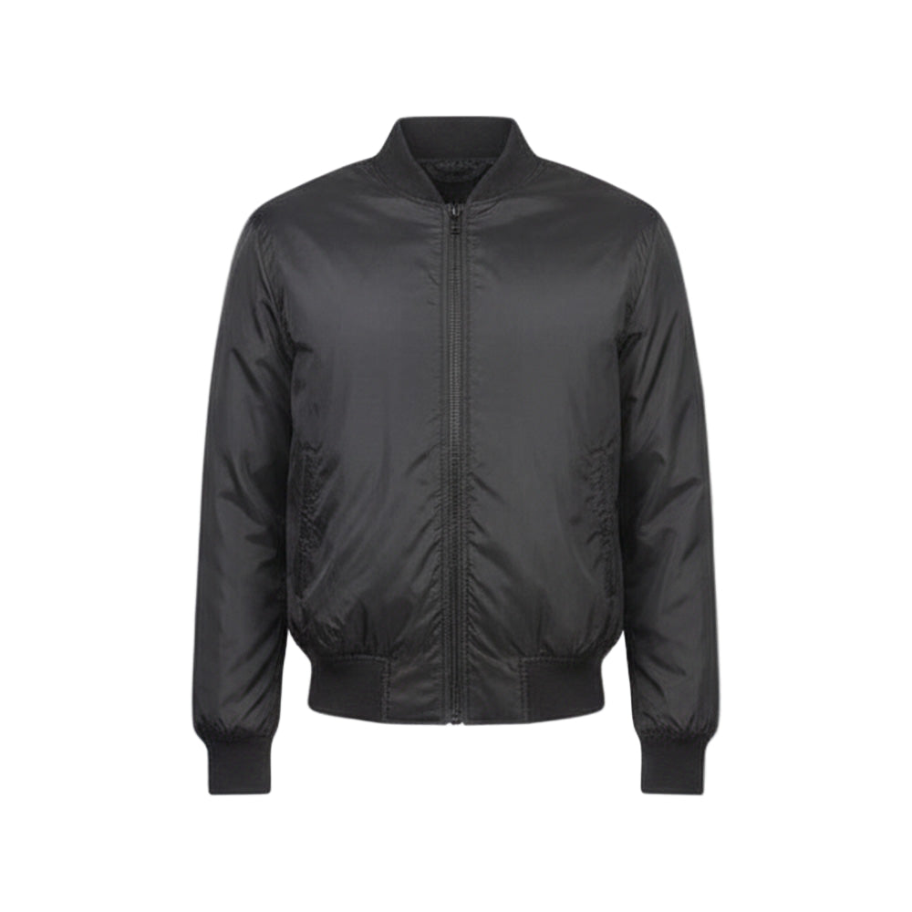 Black bomber jacket on a light gray background