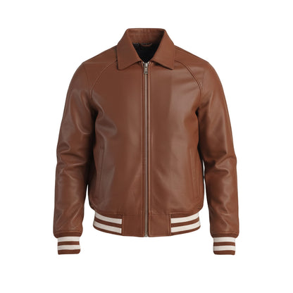 Brown leather jacket with white stripes on cuffs and hem against a light gray background