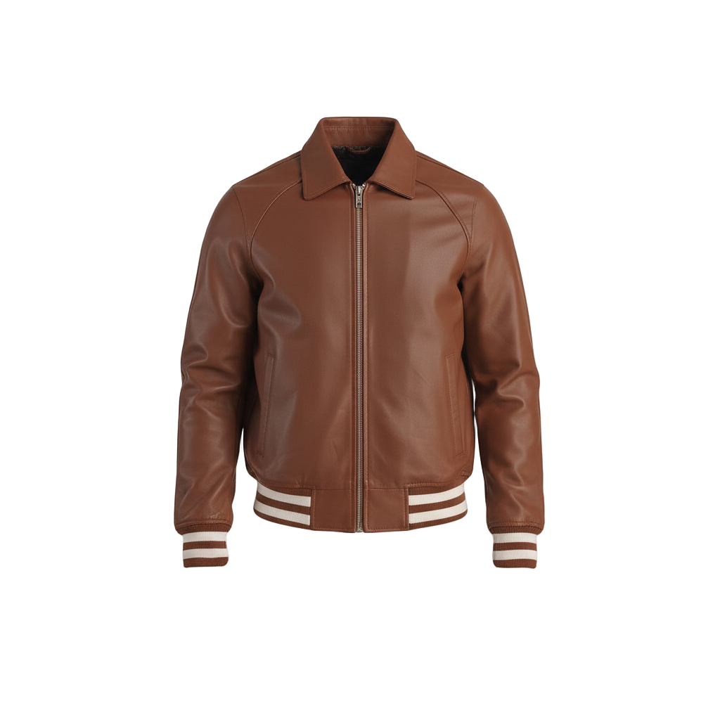 Brown leather jacket with white stripes on cuffs and hem against a light gray background