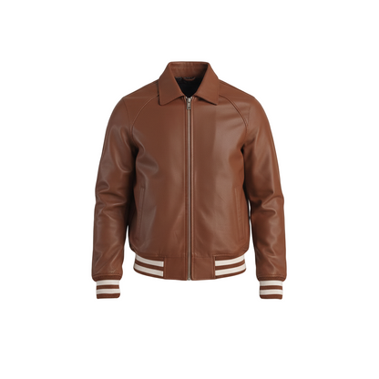Brown leather jacket with white stripes on cuffs and hem against a light gray background