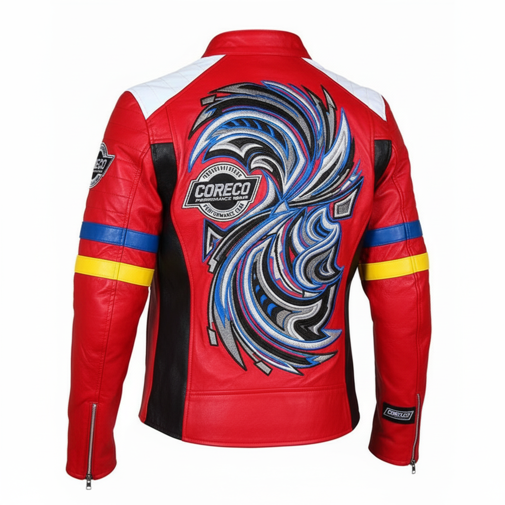 Red leather jacket with colorful design and Coreco branding on a white background