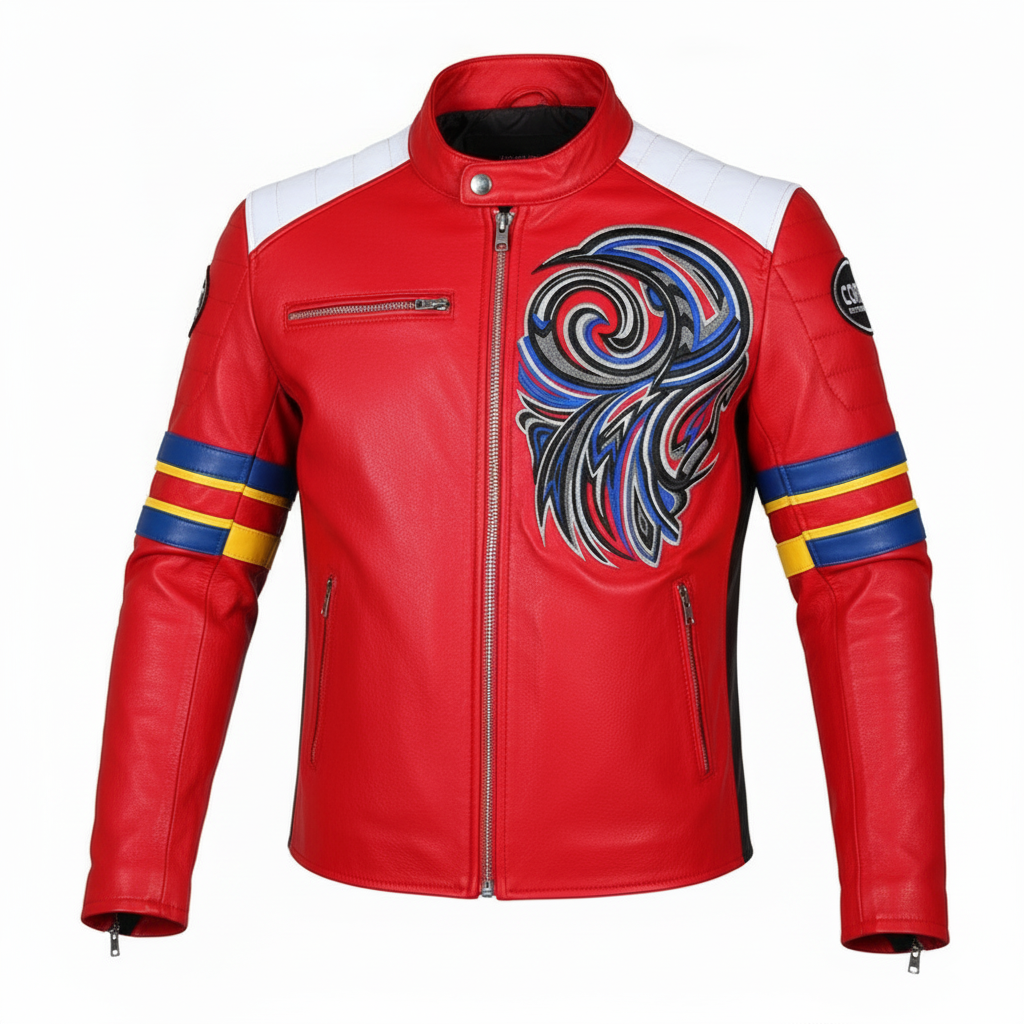 Red leather jacket with a colorful tribal design on a white background
