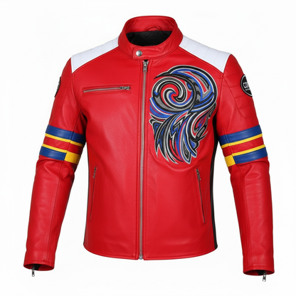 Red leather jacket with a colorful tribal design on a white background