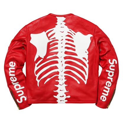 A red leather jacket shown from the back, featuring a large white rib cage graphic across the center and the word 'Supreme' printed in white along both sleeves.
