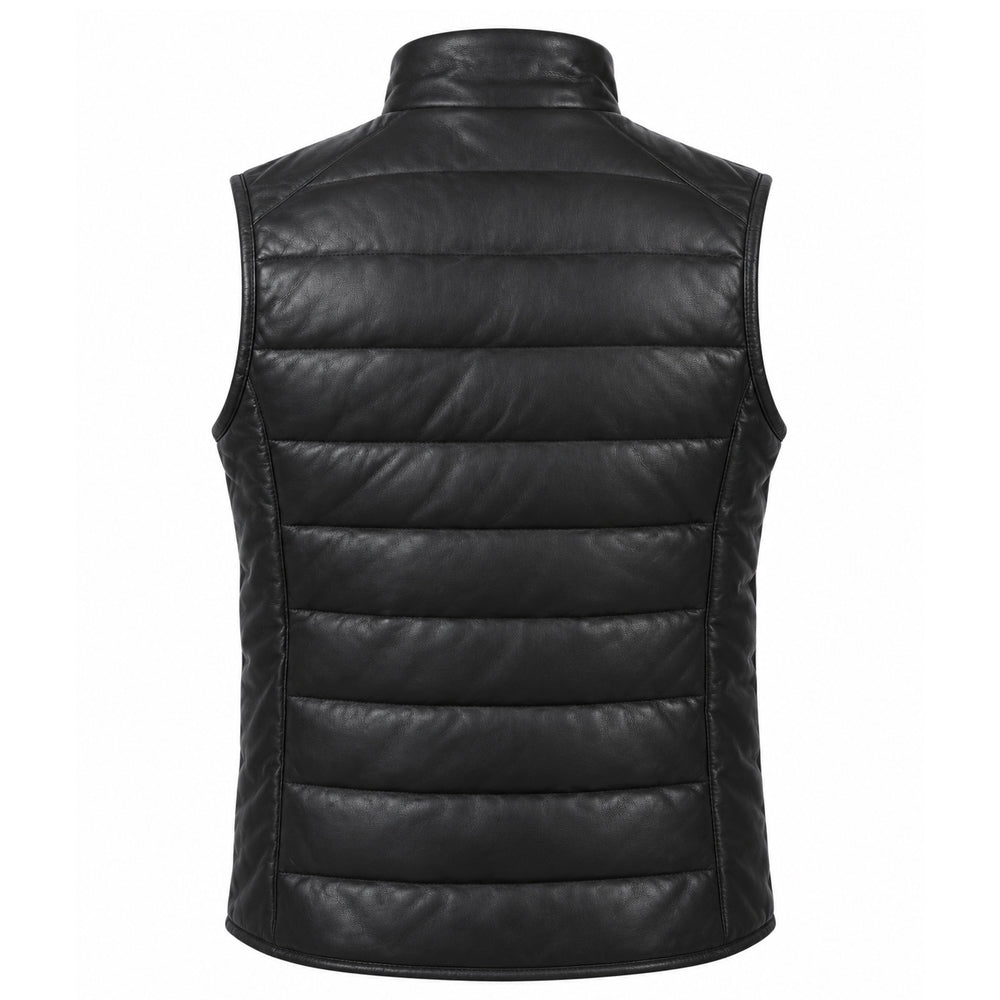 Reeves black leather puffer vest for men made from genuine sheepskin