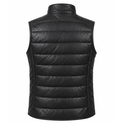 Reeves black leather puffer vest for men made from genuine sheepskin