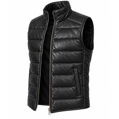 Reeves black leather puffer vest for men made from genuine sheepskin