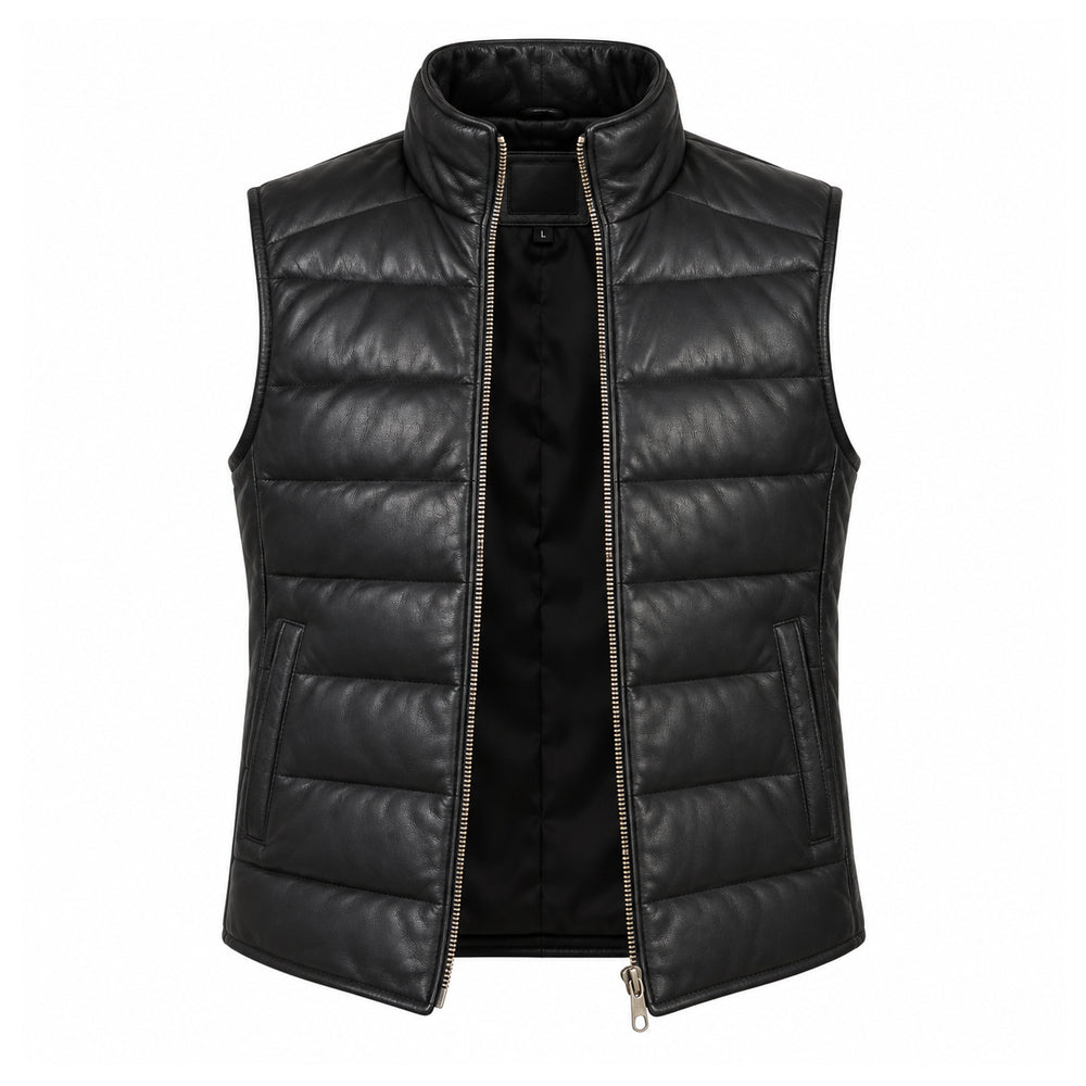 Reeves black leather puffer vest for men made from genuine sheepskin