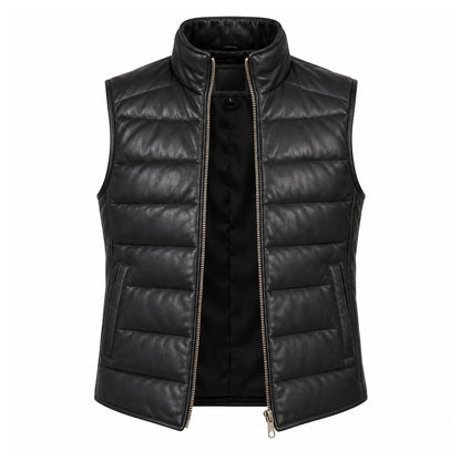 Reeves black leather puffer vest for men made from genuine sheepskin