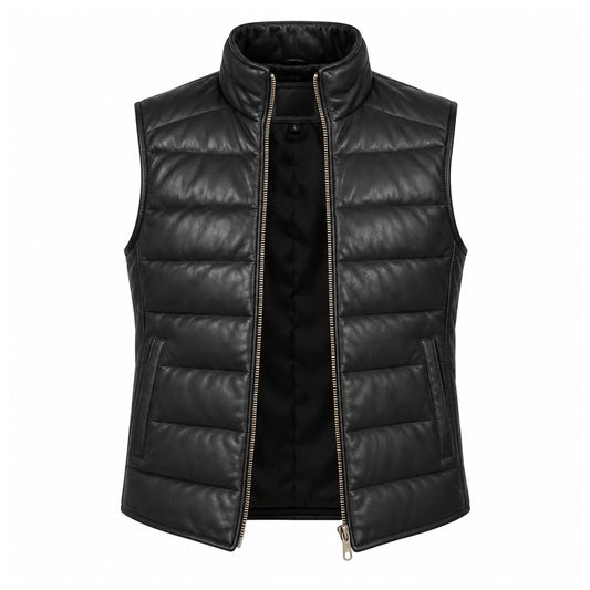 Reeves black leather puffer vest for men made from genuine sheepskin