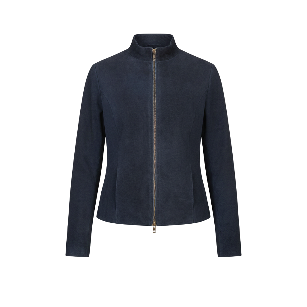 Navy blue jacket with a zipper on a light gray background