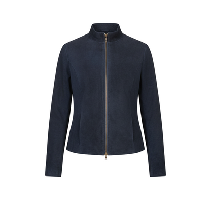 Navy blue jacket with a zipper on a light gray background