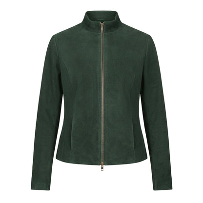 جاكيت راكبي الدراجات النارية من جلد الغزال الأخضر من روميلا 