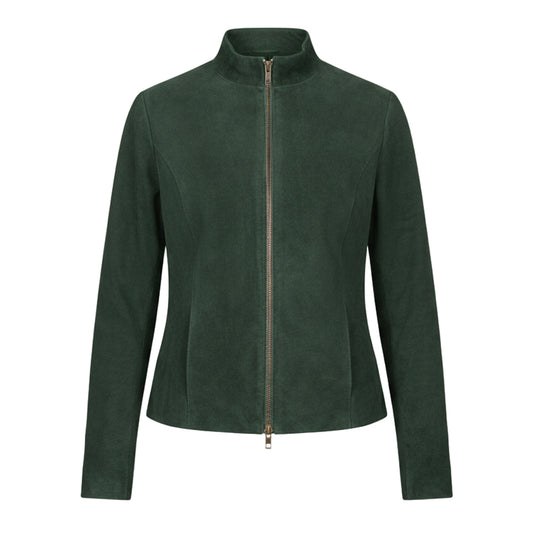 جاكيت راكبي الدراجات النارية من جلد الغزال الأخضر من روميلا 