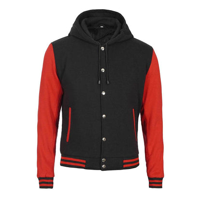 Black and red varsity jacket with button details on a white background