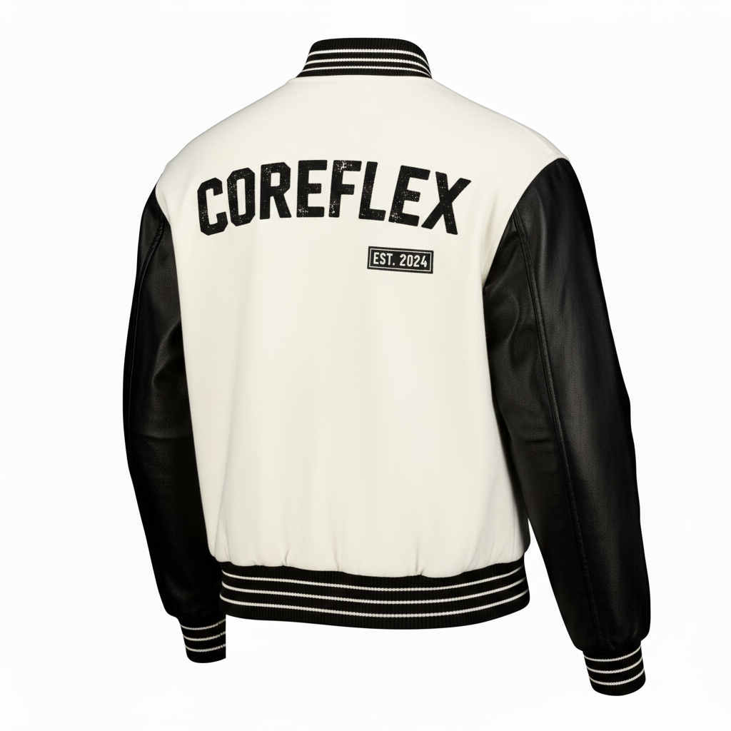 White and black jacket with 'COREFLEX' branding on a white background