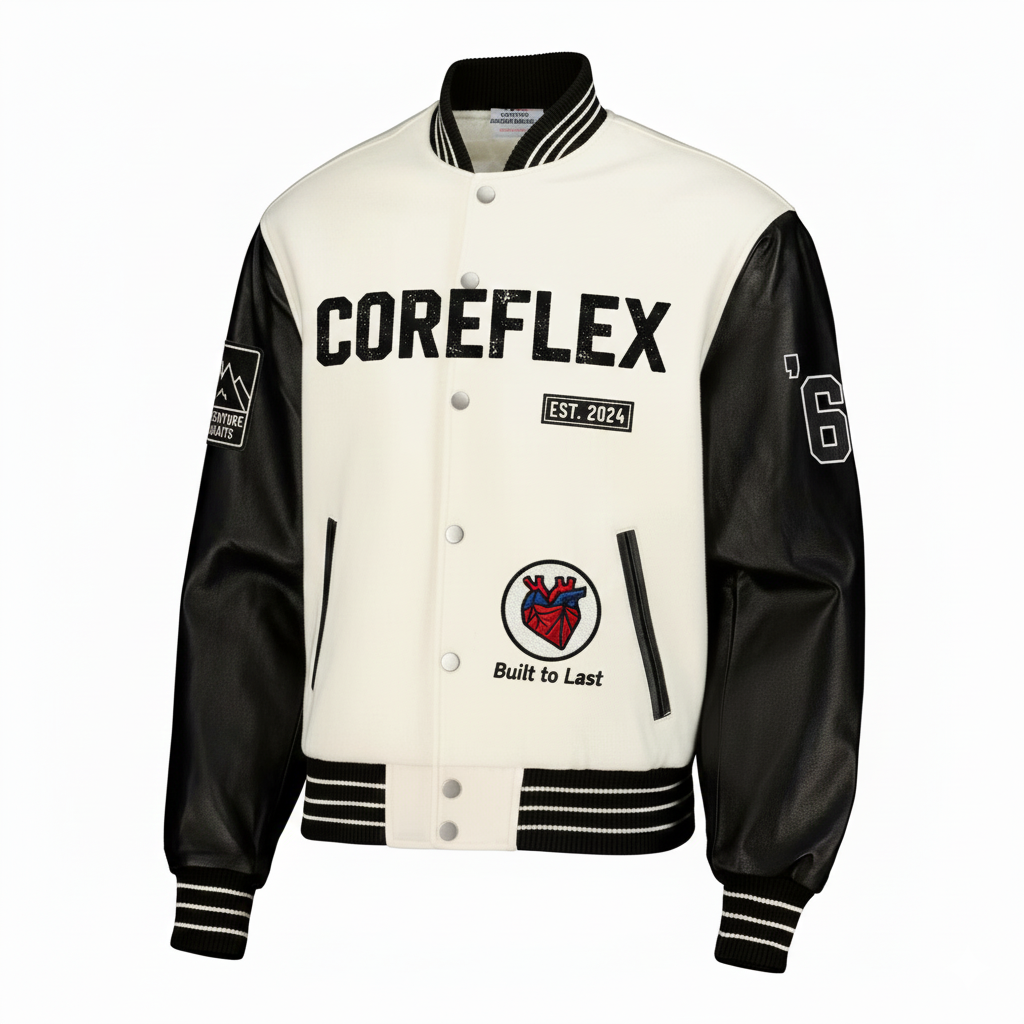 Black and white varsity jacket with 'COREFLEX' branding on a white background