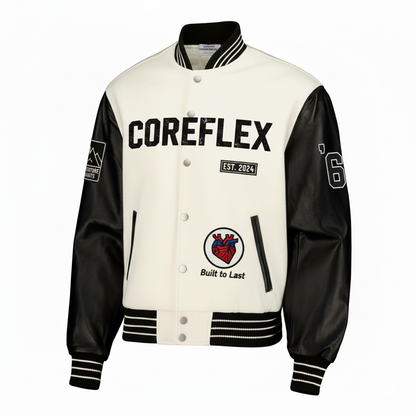 Black and white varsity jacket with 'COREFLEX' branding on a white background