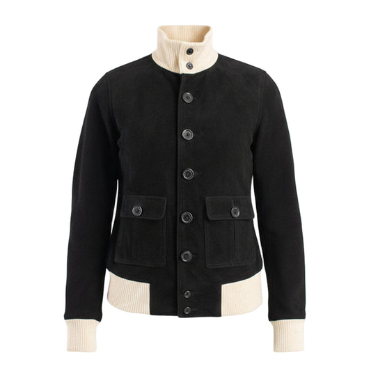 سترة ساشا A1 بومبر من الجلد المدبوغ باللون الأسود 