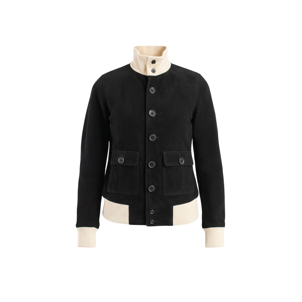 Black jacket with cream collar and cuffs on a mannequin against a white background