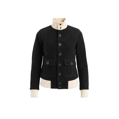 Black jacket with cream collar and cuffs on a mannequin against a white background