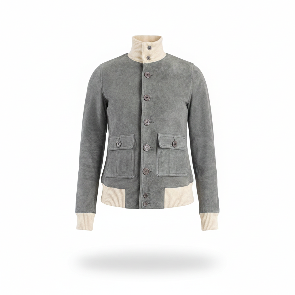 Gray jacket with beige trim on a white background