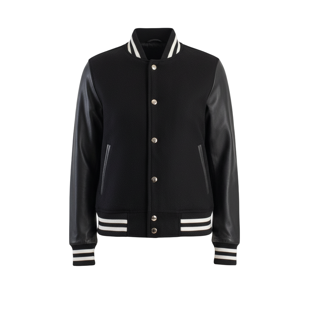 Black varsity jacket with white accents on a white background