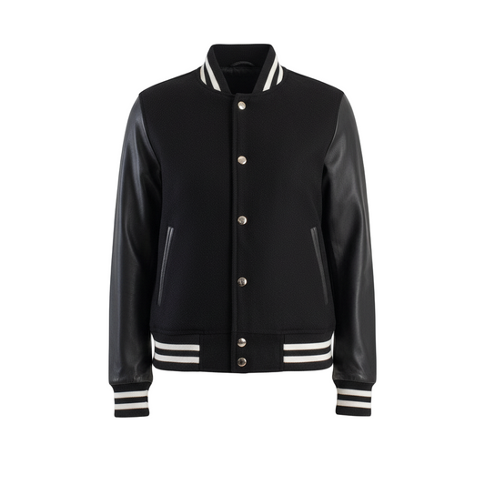 Black varsity jacket with white accents on a white background