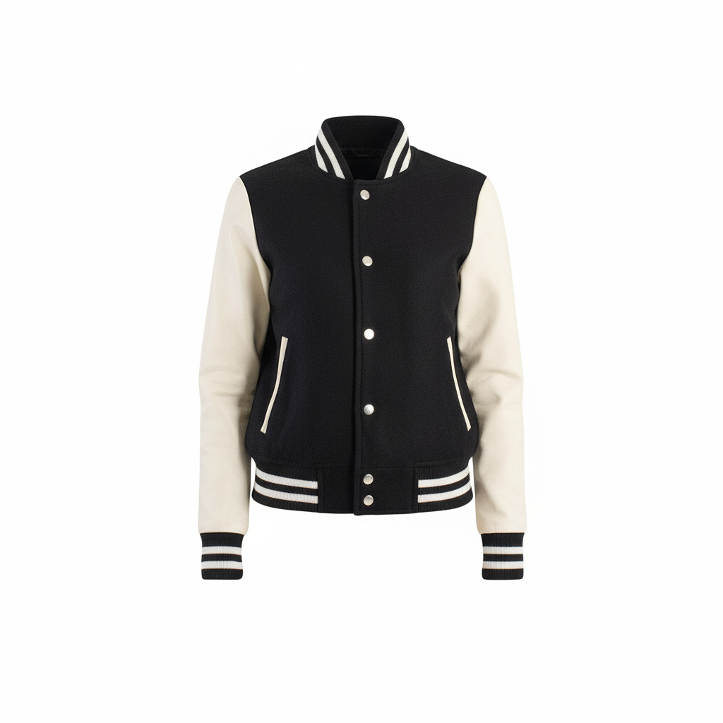 Black and white varsity jacket on a white background