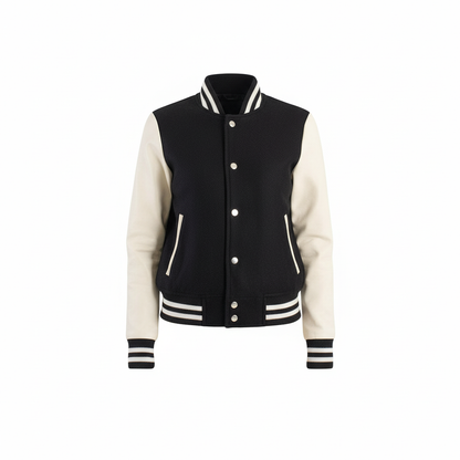 Black and white varsity jacket on a white background