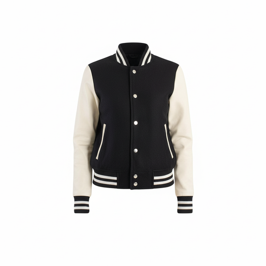 Black and white varsity jacket on a white background