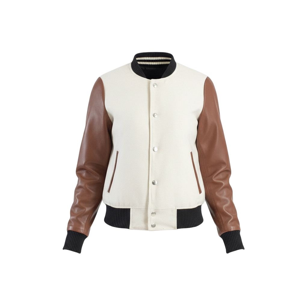 White varsity jacket with brown leather sleeves on a white background