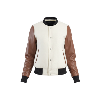 White varsity jacket with brown leather sleeves on a white background