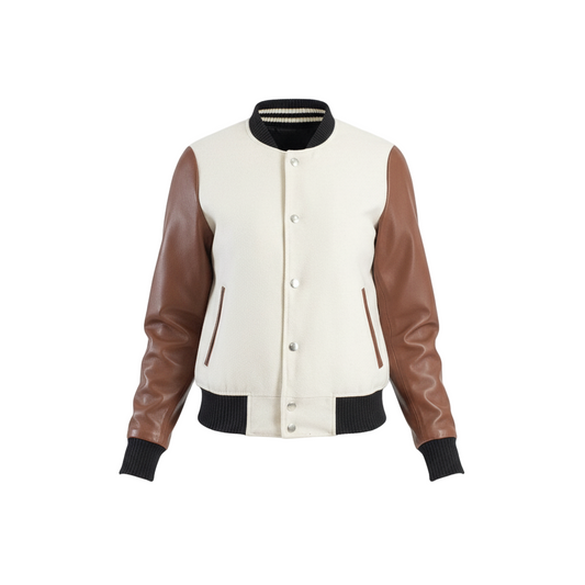 White varsity jacket with brown leather sleeves on a white background