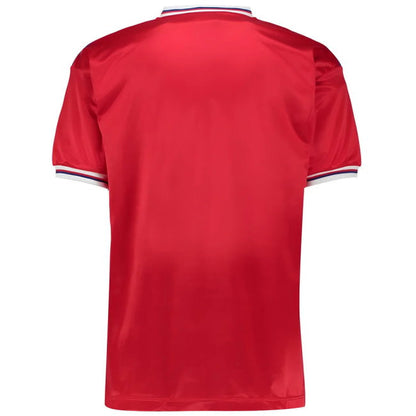 A red short-sleeve athletic jersey shown from the back, featuring a white and navy striped collar and sleeve cuffs, set against a plain white background.
