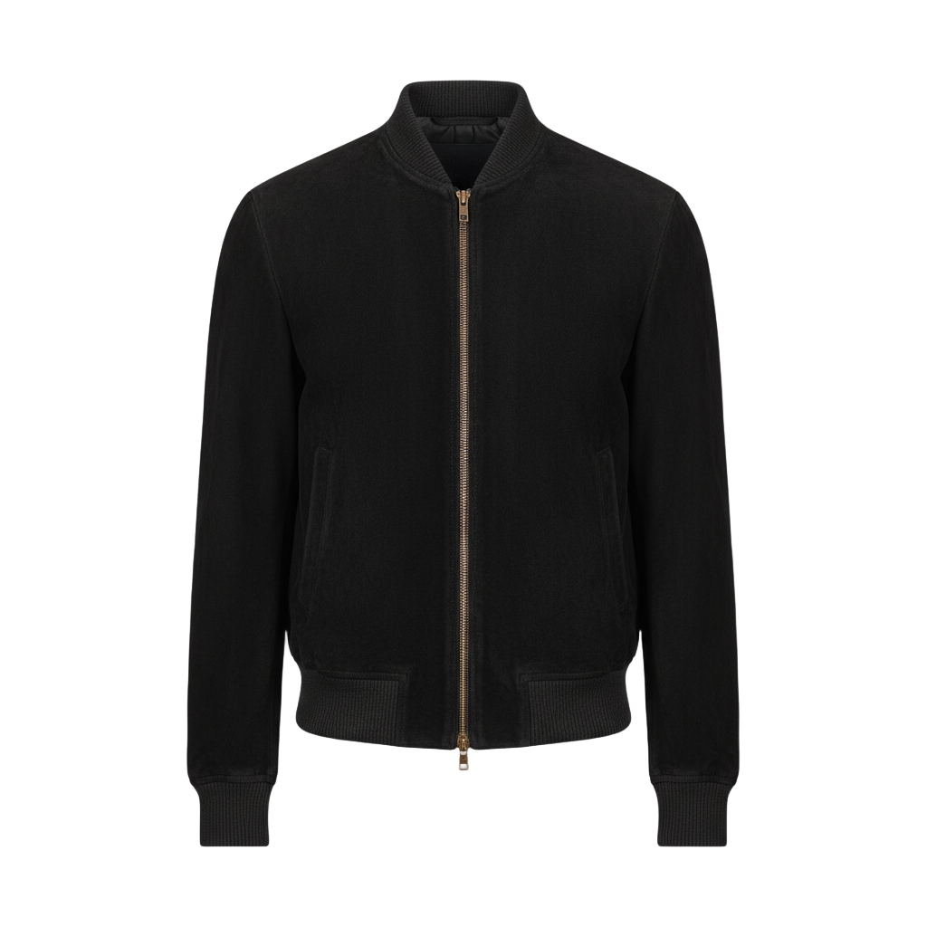 Black bomber jacket on a light gray background