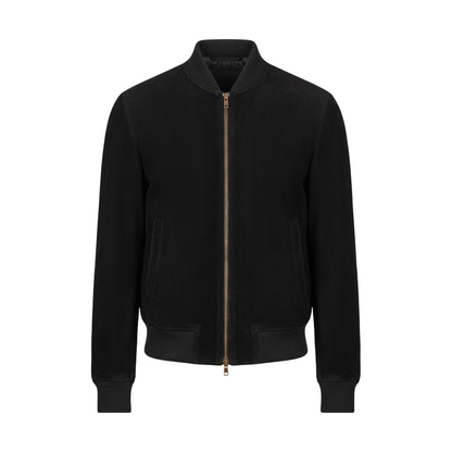 Black bomber jacket on a light gray background