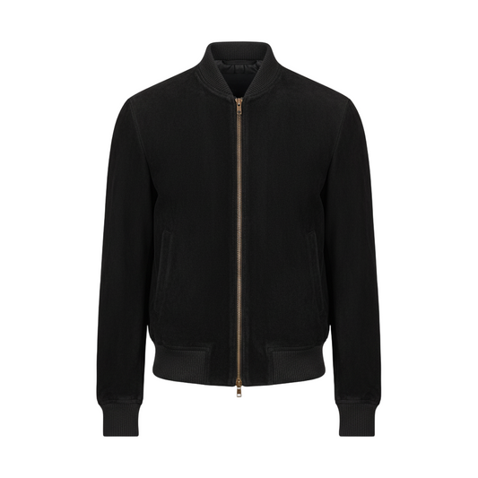 Black bomber jacket on a light gray background