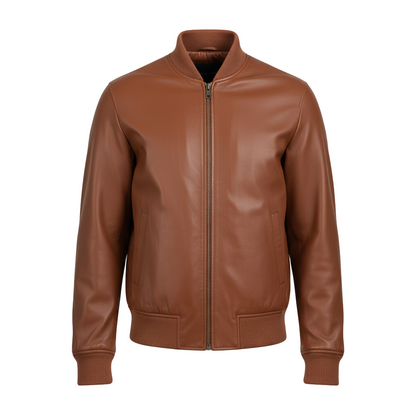Brown leather jacket on a light gray background