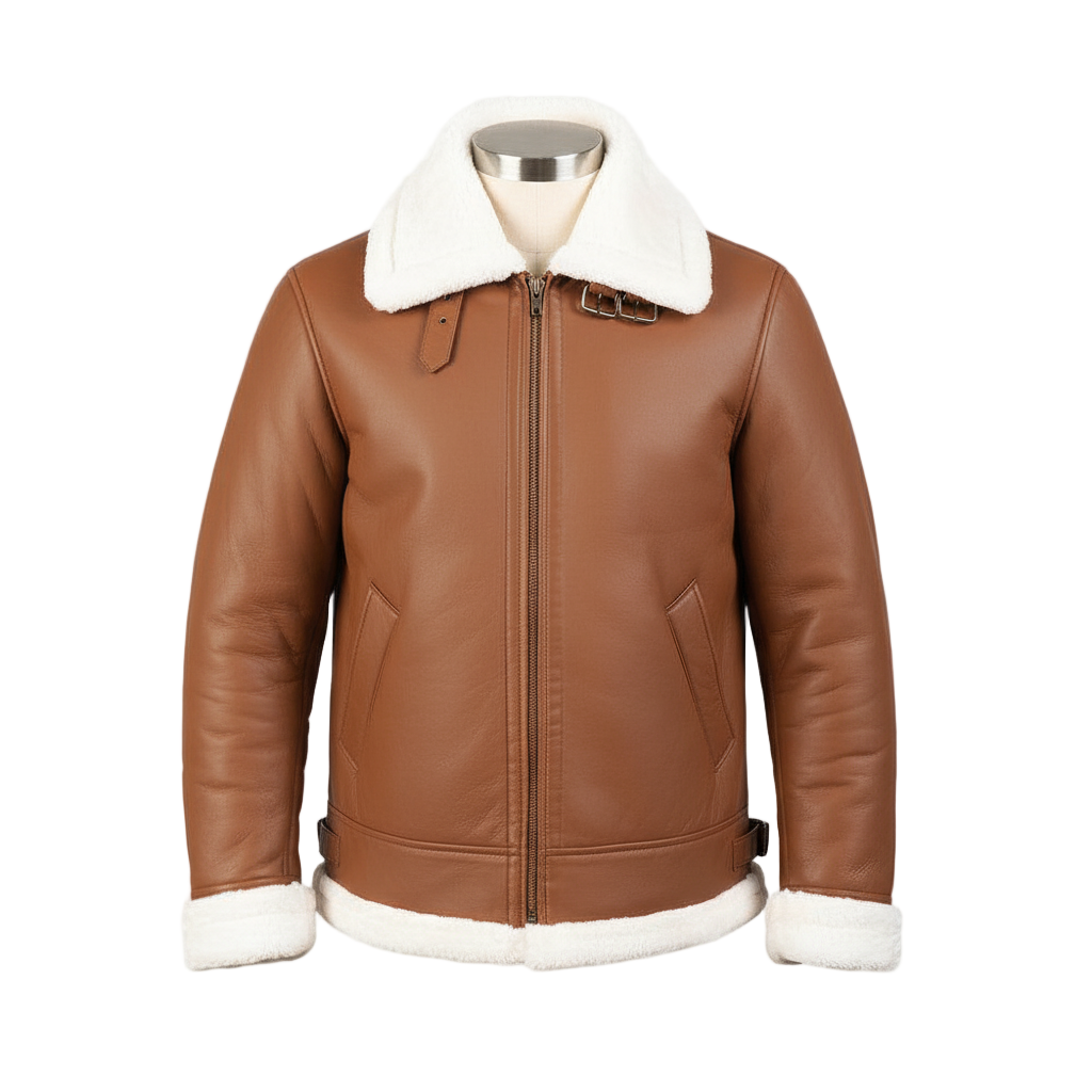 Brown leather jacket with white fur lining on a mannequin against a white background