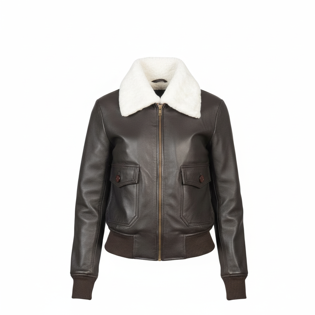 Brown leather jacket with white fur collar on a white background