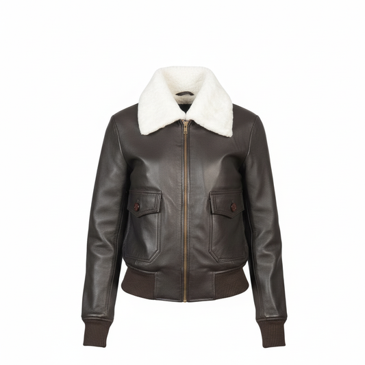 Brown leather jacket with white fur collar on a white background