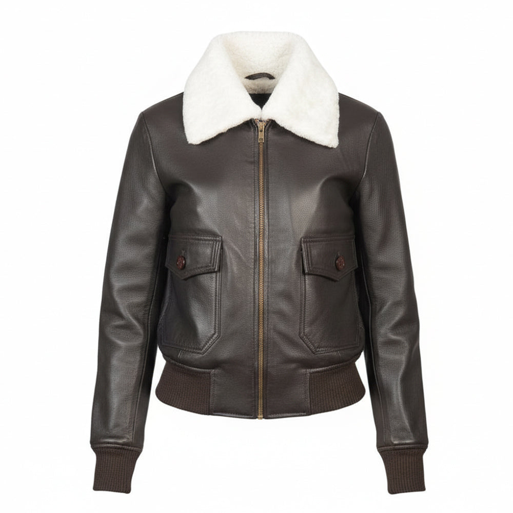 سترة بومبر جلدية بنية اللون من صوف الغنم