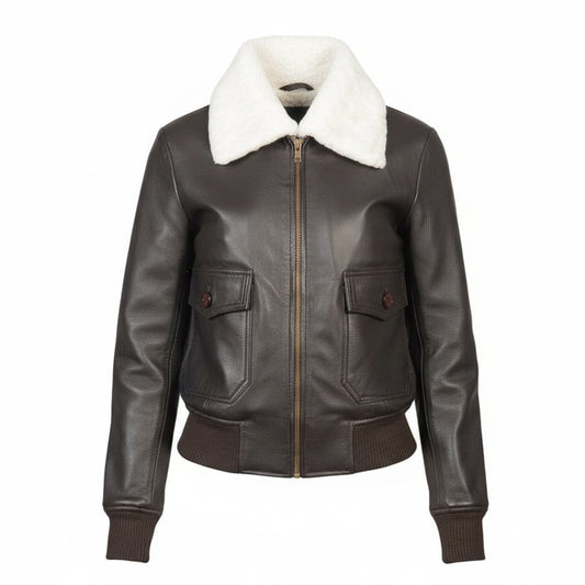 سترة بومبر جلدية بنية اللون من صوف الغنم