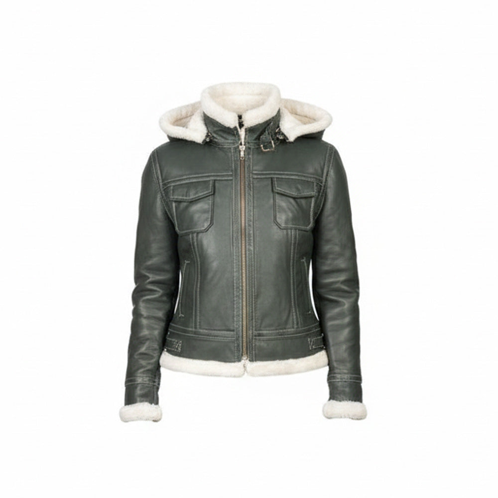 Green leather jacket with white fur lining on a white background