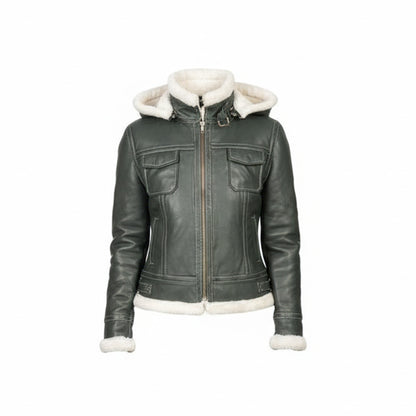 Green leather jacket with white fur lining on a white background