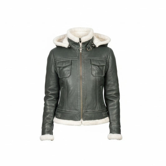 Green leather jacket with white fur lining on a white background