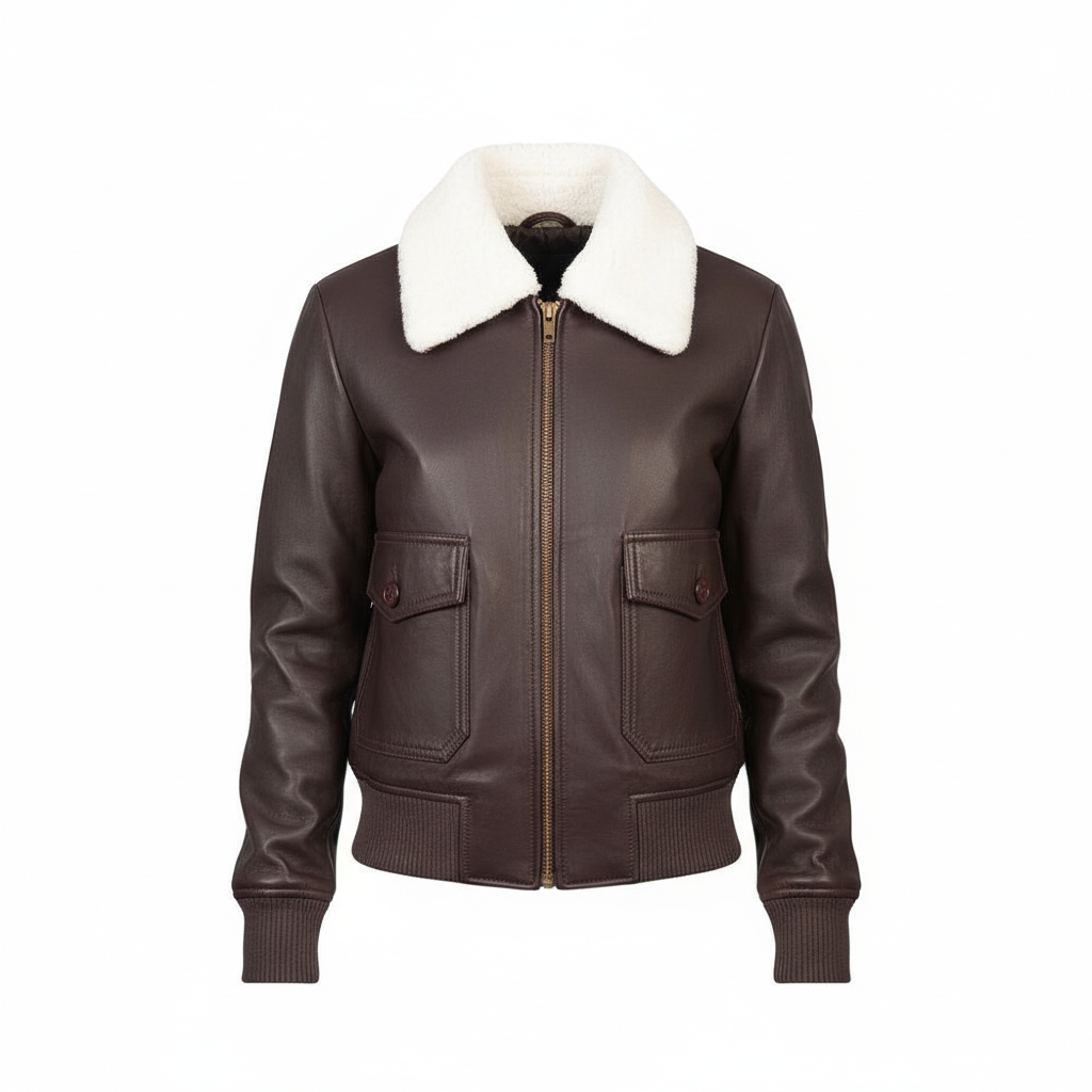 Brown leather jacket with white fur collar on a white background