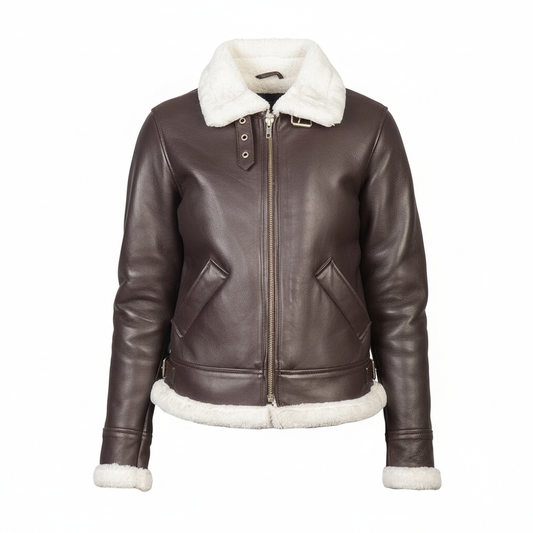 Brown leather jacket with white fur trim on a white background